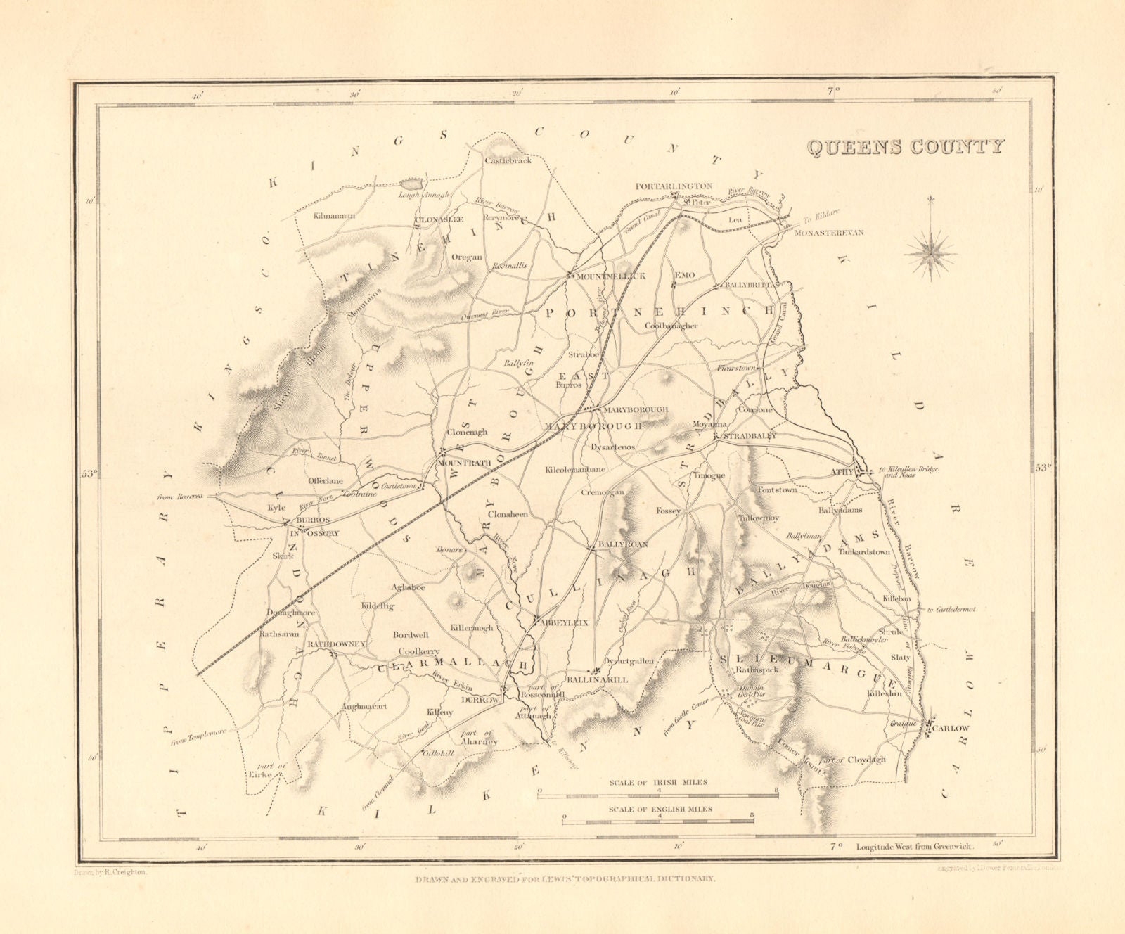 QUEENS COUNTY (LAOIS) antique map for LEWIS - CREIGHTON & DOWER - Ireland 1846